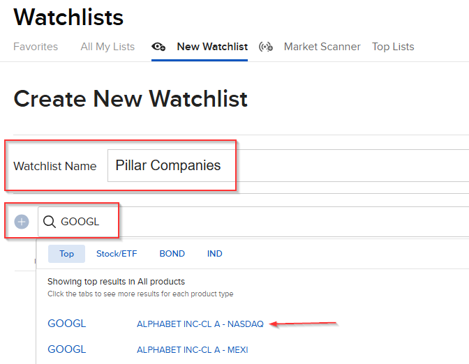 IBKR Configure new watchlist