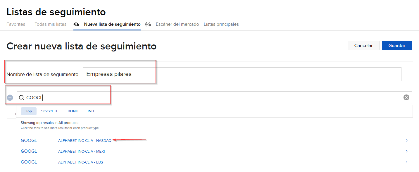 IBKR Configurar nueva lista de seguimiento