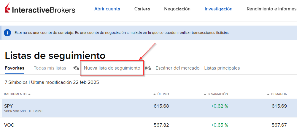IBKR Crear nueva lista de seguimiento