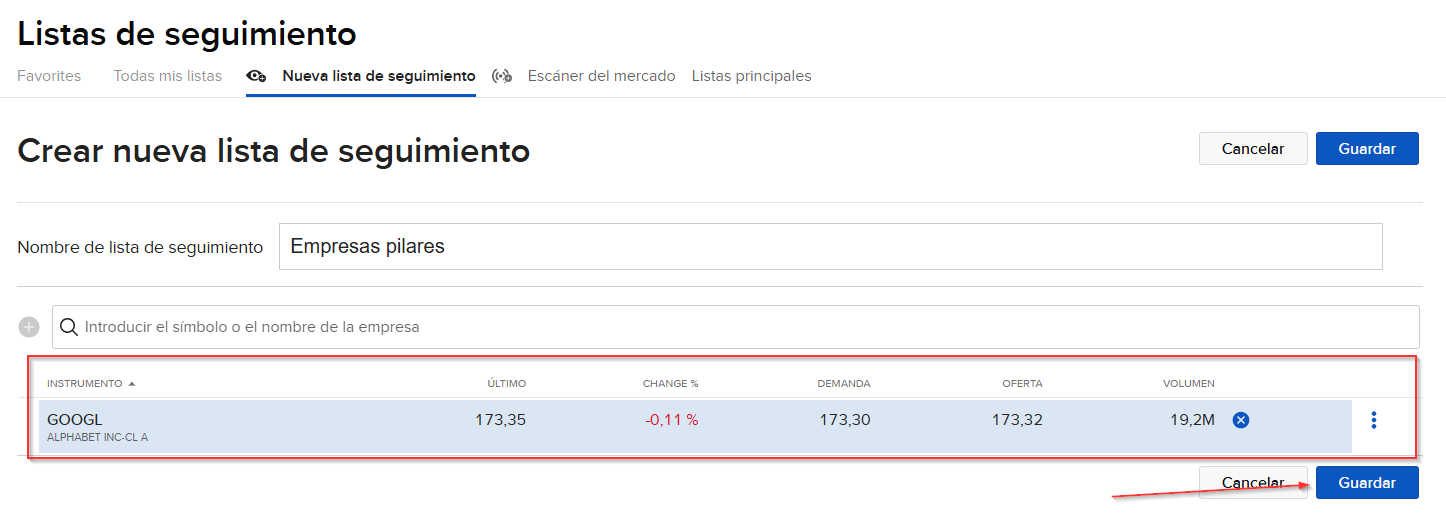 IBKR Guardar nueva lista de seguimiento