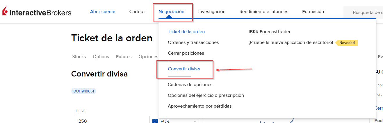 IBKR Cambio divisas desde Ticket Orden